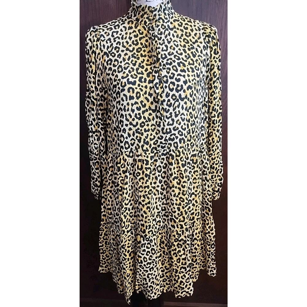 Notes Du Nord Olivia Leopard Tiered Shirt Dress Yellow Frill Collar 36 Small